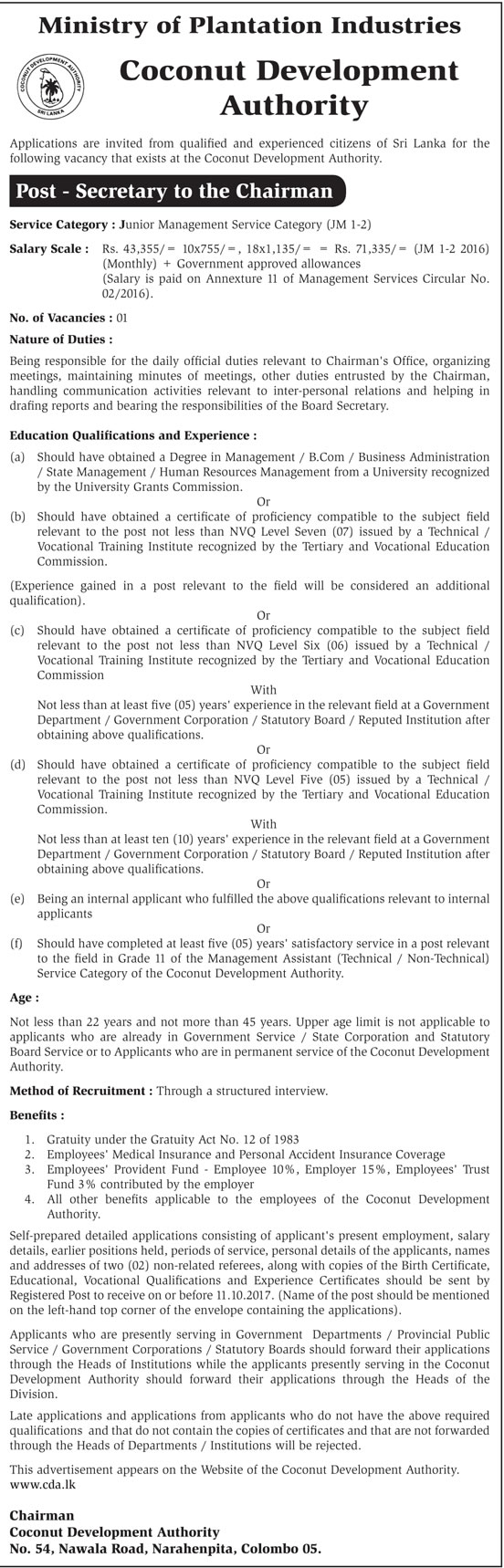 Secretary to the Chairman - Coconut Development Authority